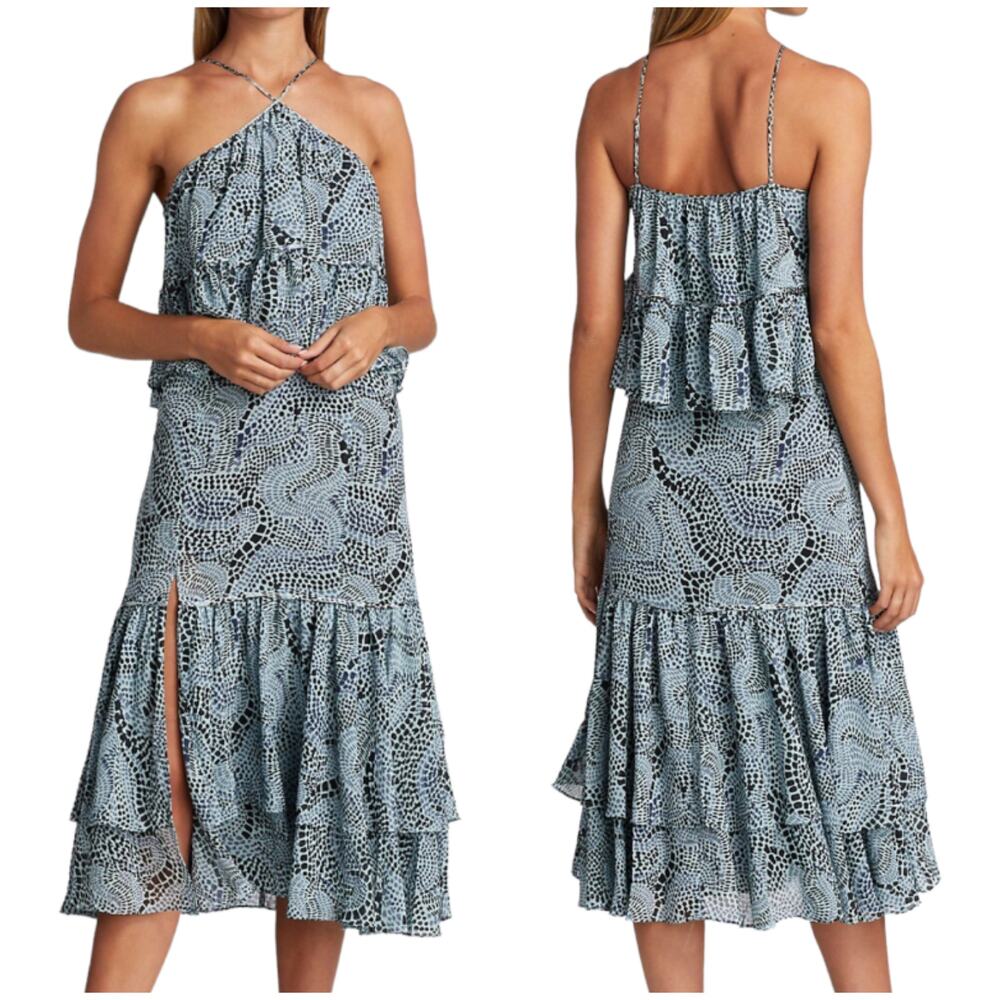 Cinq à Sept NWT Colette Tiered Ruffle Midi Dress Rain Cloud Size 8 Blue Black